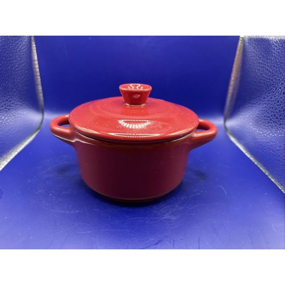Crofton Mini Ceramic Casserole Dish w/Lid & Two Matching Ribbed Ramekins-Red Lot